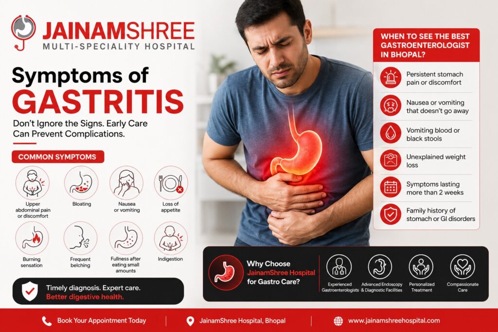 Patient experiencing upper abdominal pain and burning sensation associated with gastritis and GERD symptoms. Common signs of acid reflux, indigestion, bloating, nausea, and stomach discomfort treated at Jainamshree Multispeciality Hospital, Bhopal.