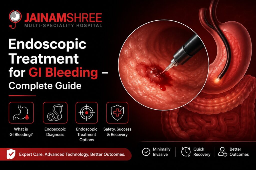 Endoscopic treatment for gastrointestinal (GI) bleeding showing an endoscope controlling active bleeding inside the digestive tract. Advanced GI bleeding diagnosis and endoscopic treatment at Jainamshree Multispeciality Hospital, Bhopal.