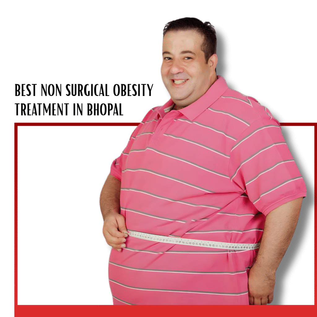 Obese man in a pink shirt measuring his waist with a tape, representing best non-surgical obesity treatment in Bhopal