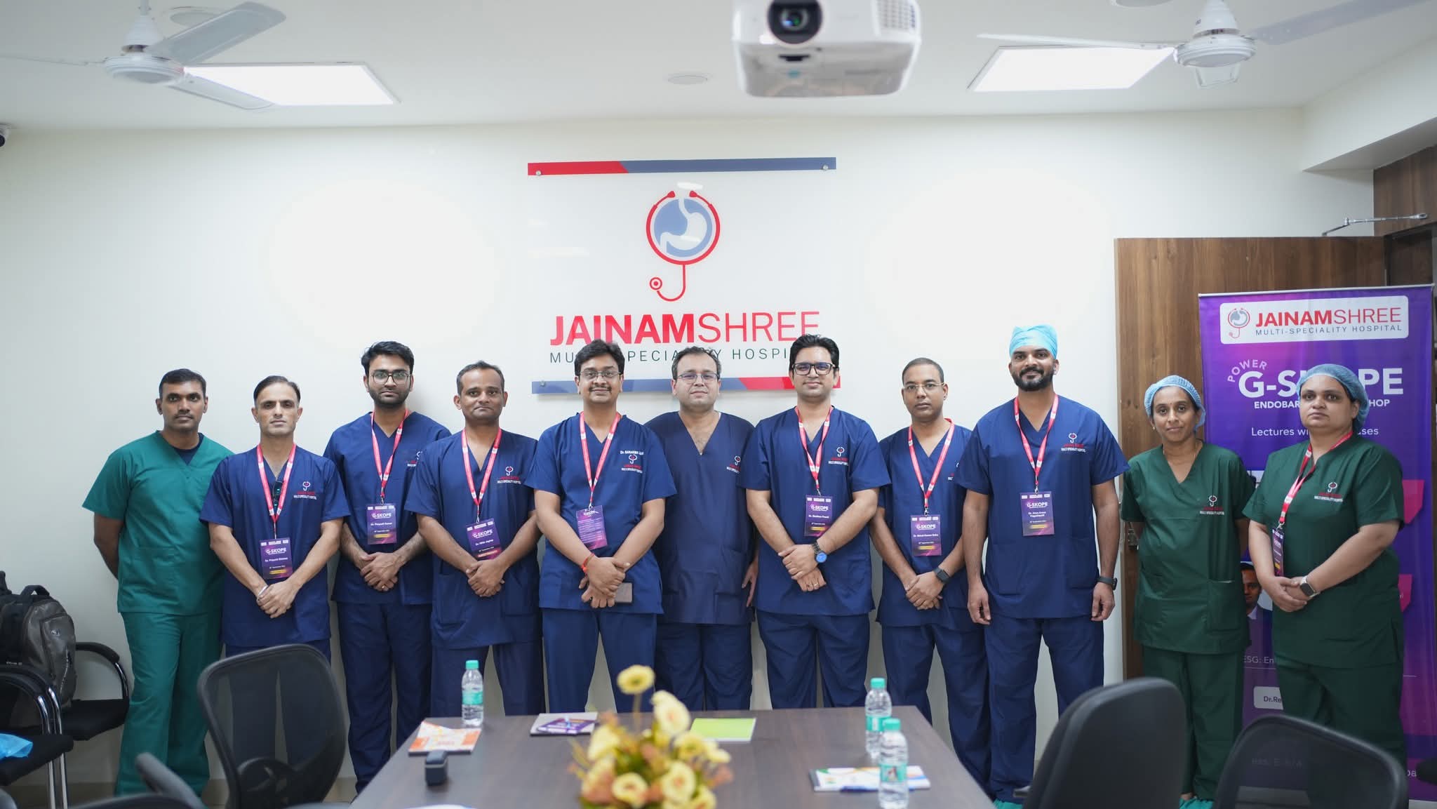 Medical team of gastroenterologists, endoscopists, surgeons, nurses, and healthcare professionals at Jainamshree Multispeciality Hospital, Bhopal, during a G-SCOPE Endobariatric and Gastroenterology workshop focused on advanced GI endoscopy and digestive disease management.